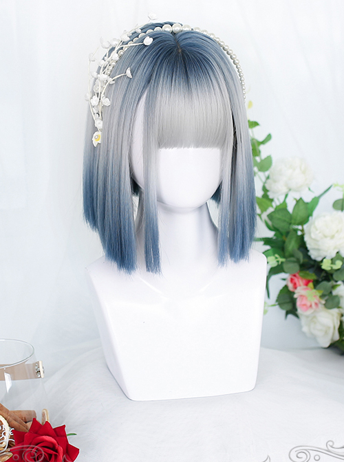 Gray Blue Natural Gradient Short Straight Wig Gothic Lolita Wigs