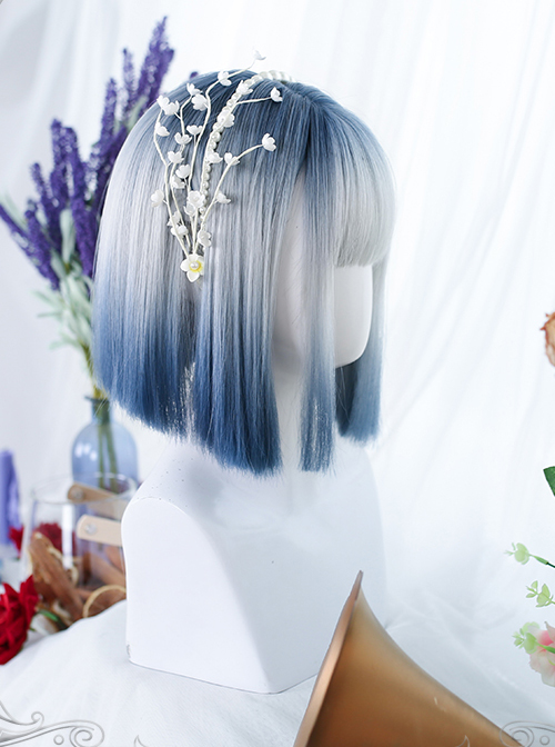 Gray Blue Natural Gradient Short Straight Wig Gothic Lolita Wigs