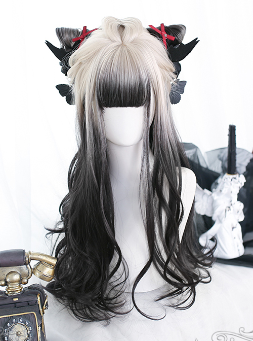 White Gradient Black Long Curly Wig Classic Lolita Wigs