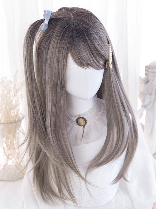 Gray Oblique Bangs Medium Long Natural Straight Wig Classic Lolita Wigs