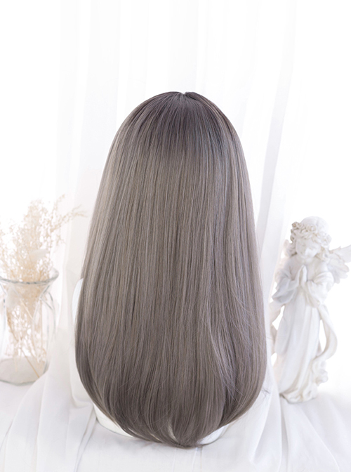 Gray Oblique Bangs Medium Long Natural Straight Wig Classic Lolita Wigs