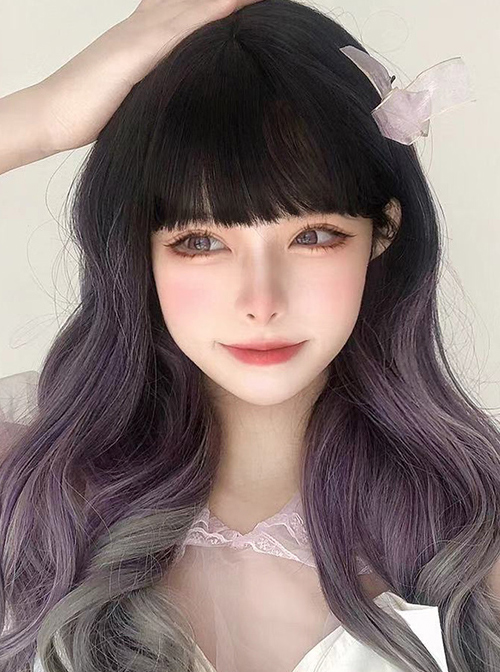 Black Natural Gradient Purple Gray Classic Lolita Long Curly Wigs