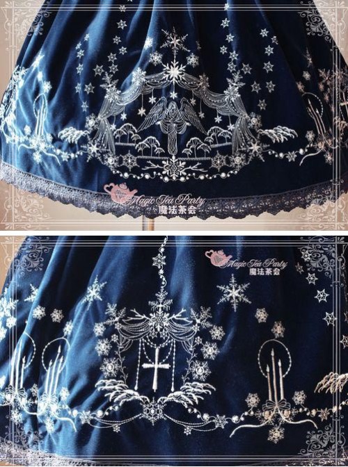 Winter Mass Embroidery Navy Blue High Waist Classic Lolita Skirt