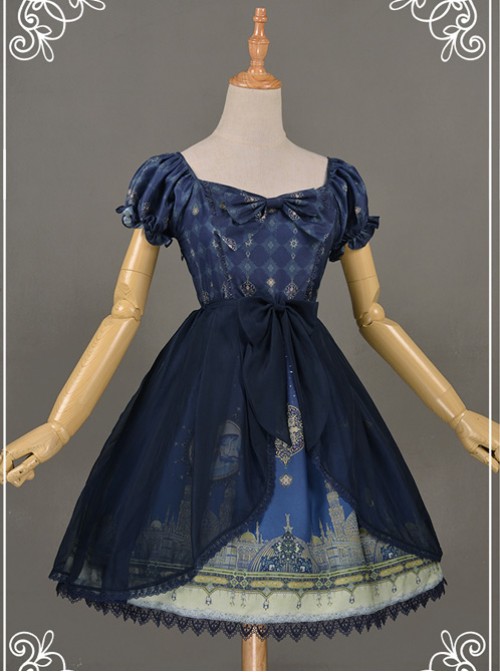 All-match Dark Blue Chiffon Bowknot Lolita Transparent Skirt