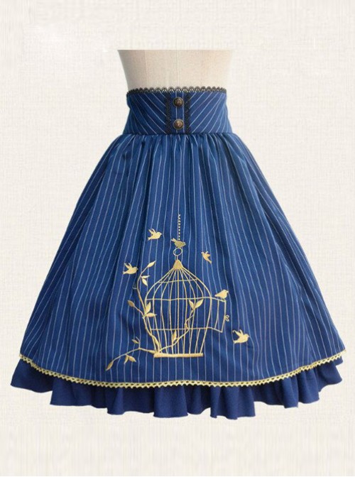 Birdcage Embroidery Vintage Stripe Blue Chiffon Classic Lolita Skirt