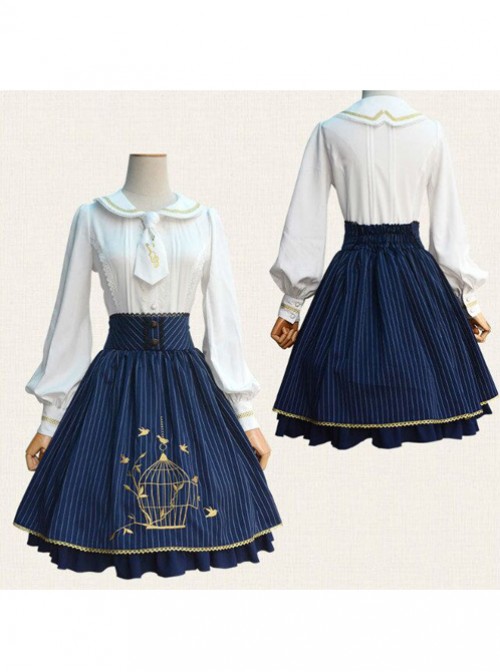 Birdcage Embroidery Vintage Stripe Blue Chiffon Classic Lolita Skirt