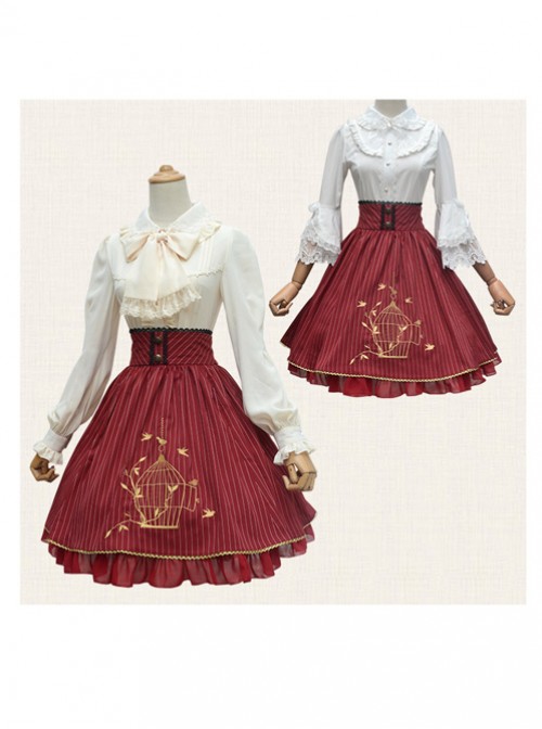 Birdcage Embroidery Vintage Stripe Wine Red Chiffon Classic Lolita Skirt