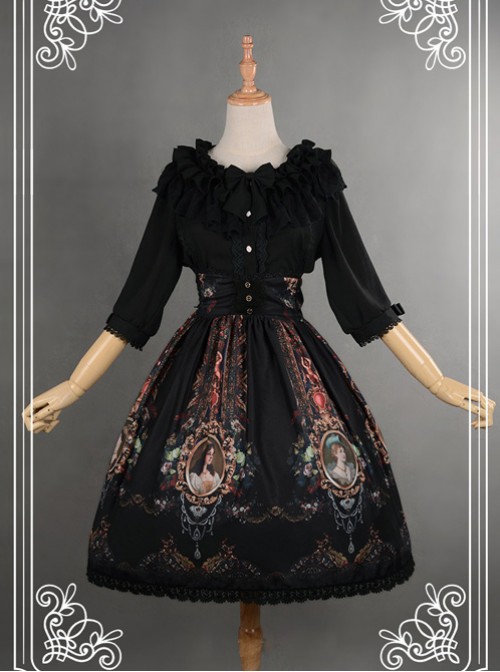 Be Obsessed With Rococo Series Black Retro Printing Classic Lolita Skirt