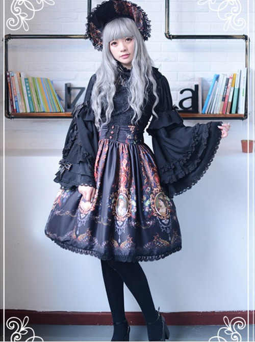 Be Obsessed With Rococo Series Black Retro Printing Classic Lolita Skirt