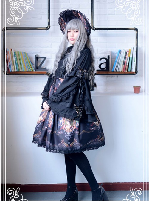 Be Obsessed With Rococo Series Black Retro Printing Classic Lolita Skirt