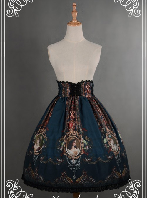 Be Obsessed With Rococo Series Navy Blue Retro Printing Classic Lolita Skirt