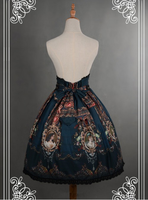 Be Obsessed With Rococo Series Navy Blue Retro Printing Classic Lolita Skirt