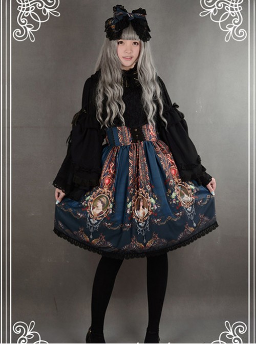 Be Obsessed With Rococo Series Navy Blue Retro Printing Classic Lolita Skirt