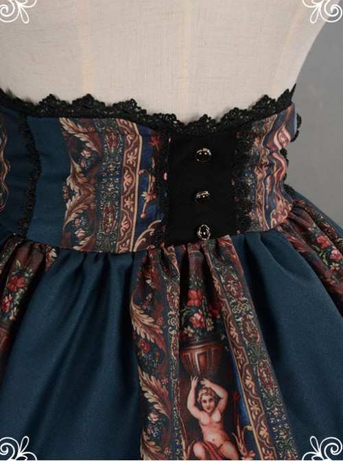 Be Obsessed With Rococo Series Navy Blue Retro Printing Classic Lolita Skirt