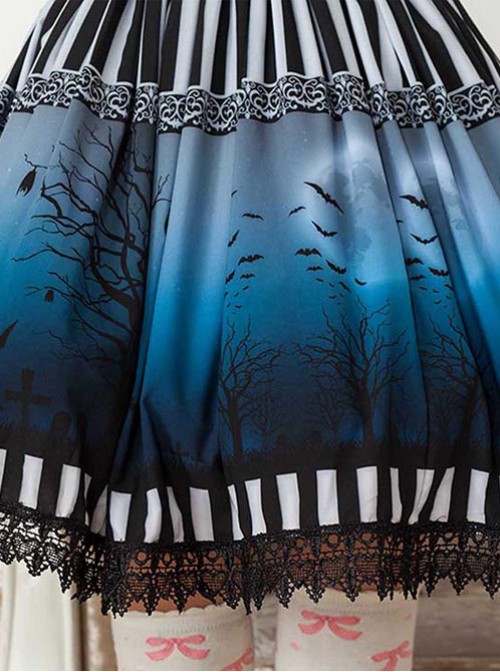 The Dark Moon Night Bats Halloween Dark Blue Gothic Lolita Skirt