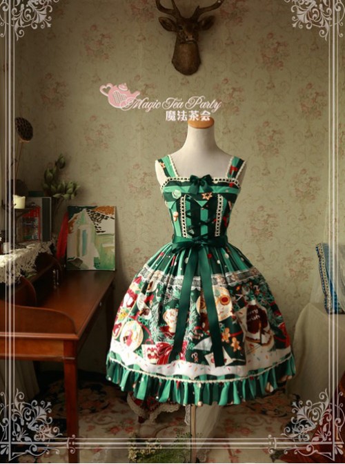 Sweet Christmas Series Printed Lace Green Lolita Sleeveless Dress