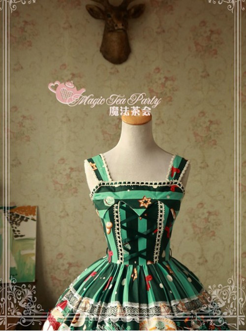 Sweet Christmas Series Printed Lace Green Lolita Sleeveless Dress