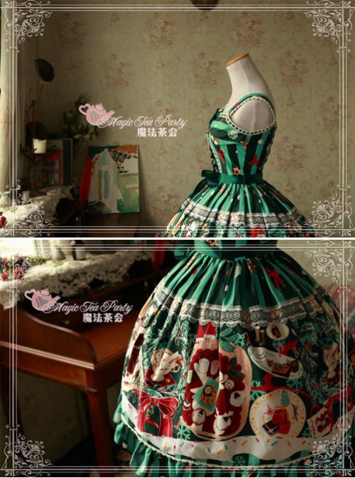 Sweet Christmas Series Printed Lace Green Lolita Sleeveless Dress