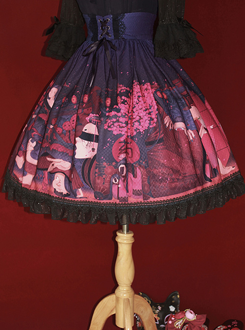 Hyakki Yako Red Leaf Sacrifice Series Navy Blue High Waist Lolita Skirt