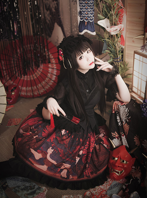 Hyakki Yako Red Leaf Sacrifice Series Navy Blue High Waist Lolita Skirt