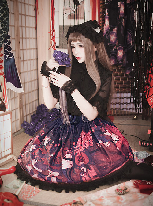 Hyakki Yako Red Leaf Sacrifice Series Navy Blue High Waist Lolita Skirt