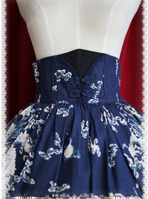 Chinese Wind Dragon High Waist Dark Blue Qi Lolita Skirt