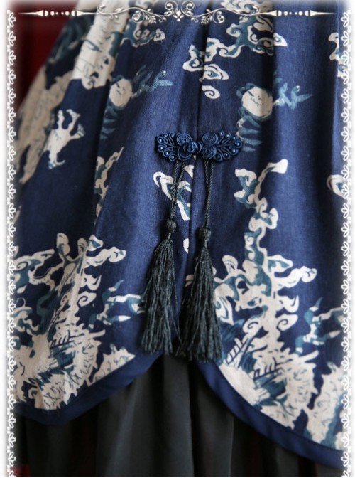 Chinese Wind Dragon High Waist Dark Blue Qi Lolita Skirt