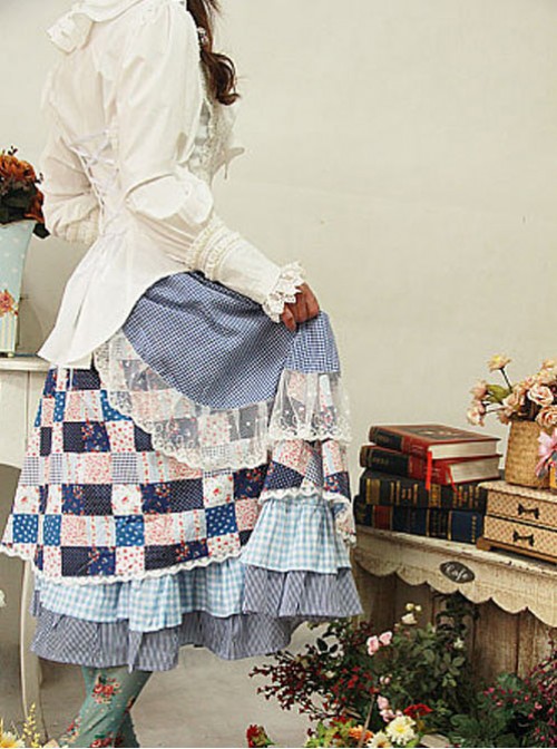 Green House's Anne Series Pastoral Style Black White Lattice Lolita Skirt