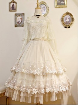 My First Love Long Version Beige Lace Embroidery Classic Lolita Skirt