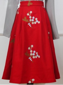Chinese Style Woolen Plum Blossom Embroidery Pleated Long Skirt