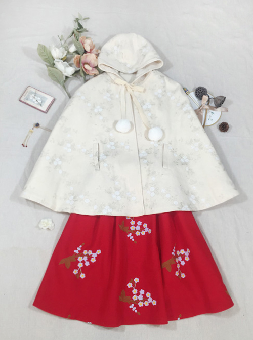 Chinese Style Woolen Plum Blossom Embroidery Pleated Long Skirt