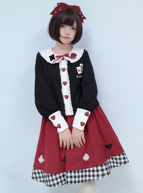 Cute Poker Embroidery Lolita Plaid Splicing Skirt