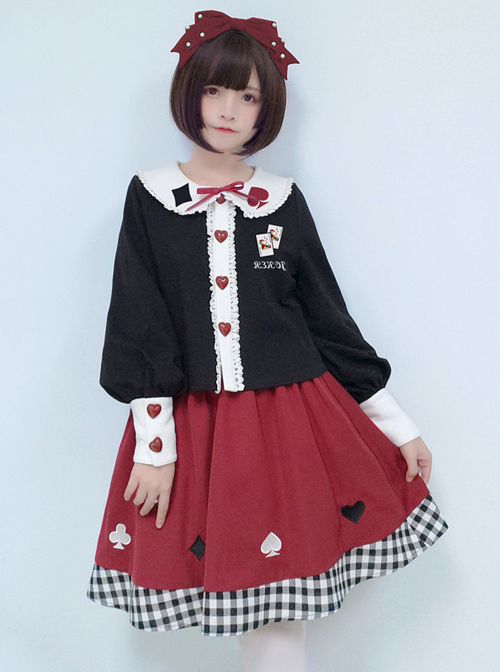 Cute Poker Embroidery Lolita Plaid Splicing Skirt