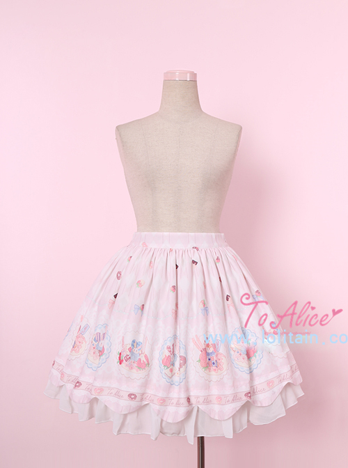 Donut Rabbit Series Printing Bowknot Petal Lower Hem Sweet Lolita Skirt