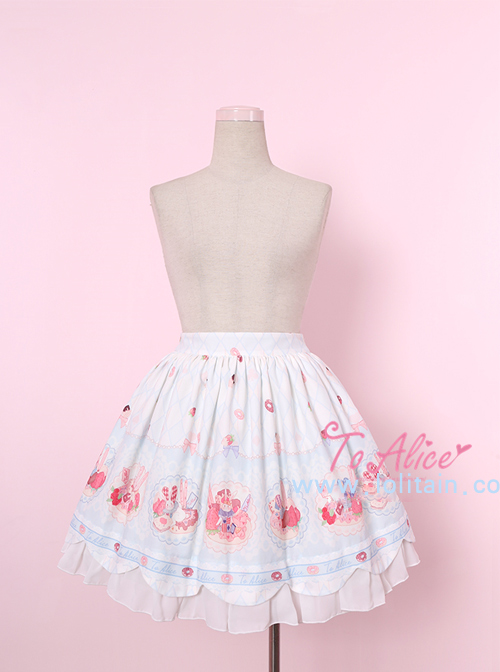 Donut Rabbit Series Printing Bowknot Petal Lower Hem Sweet Lolita Skirt