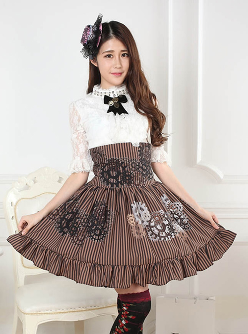 Steampunk High Waist Gear Pattern Ruffles Lolita Skirt