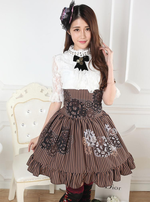 Steampunk High Waist Gear Pattern Ruffles Lolita Skirt