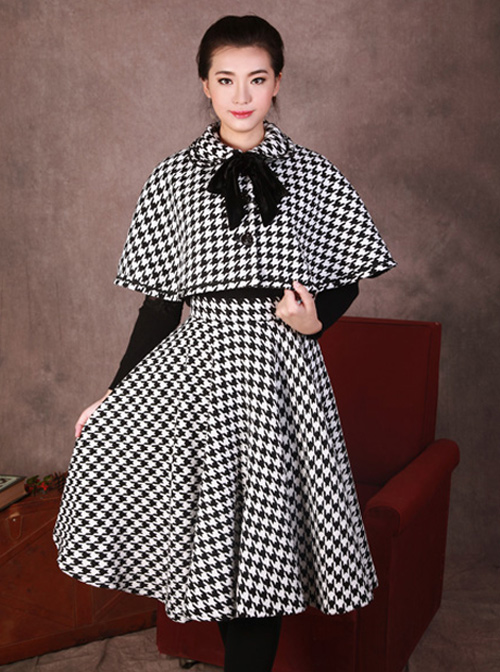 Monets Garden Vintage Houndstooth Lolita Skirt And Cloak Set