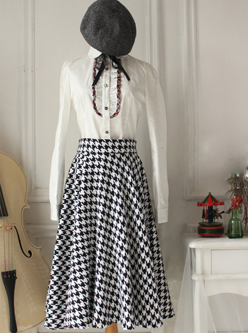 Monets Garden Vintage Houndstooth Lolita Skirt And Cloak Set