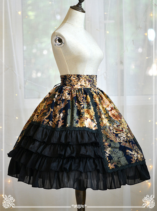 Black Retro Bronzing Flower Wall Printing Classic Lolita Skirt