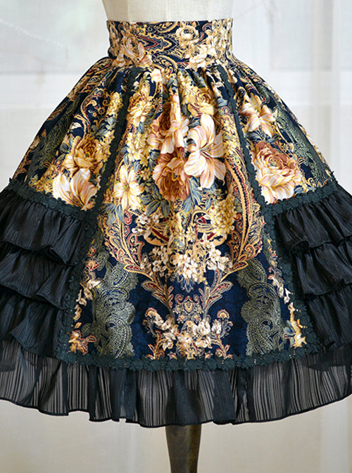 Black Retro Bronzing Flower Wall Printing Classic Lolita Skirt