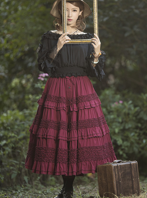 Heidi Series Pure Color Ruffle Cotton Classic Lolita Skirt