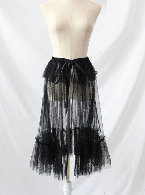 Black Or Apricot Vintage Ruffled Lace-up Bowknot Lolita Yarn Skirt
