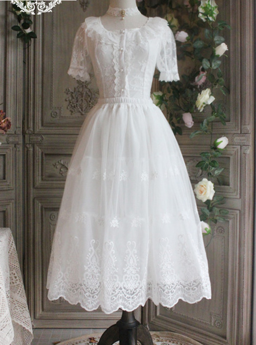 The Poetry Of Roses Series White Daily Lace Yarn Skirt Embroidered Classic Lolita Long Petticoat