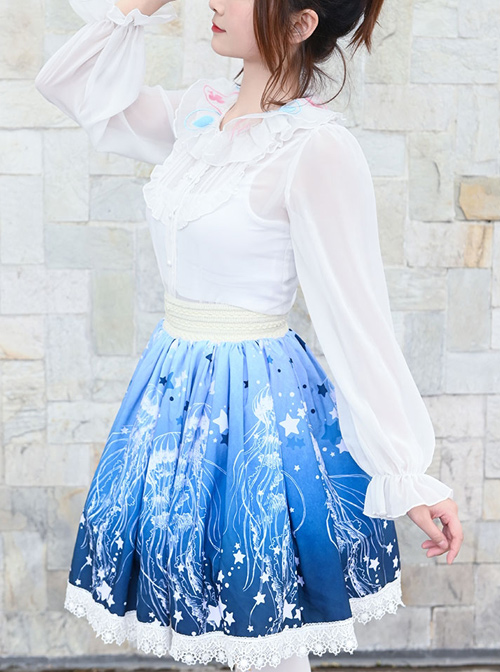 Blue Star Deep-sea Jellyfish Printing Lace Sweet Lolita Skirt