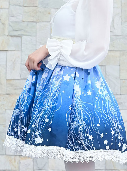 Blue Star Deep-sea Jellyfish Printing Lace Sweet Lolita Skirt