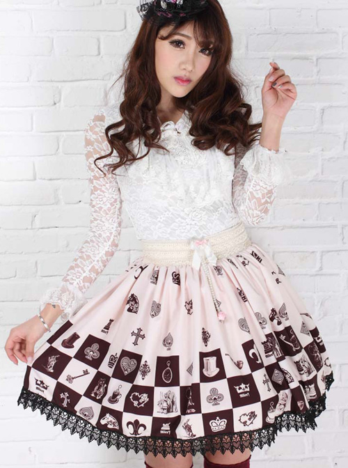 Alice Chess Grid Cute Printing Black Lace Sweet Lolita Skirt