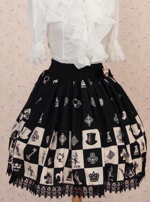 Alice Chess Grid Cute Printing Black Lace Sweet Lolita Skirt