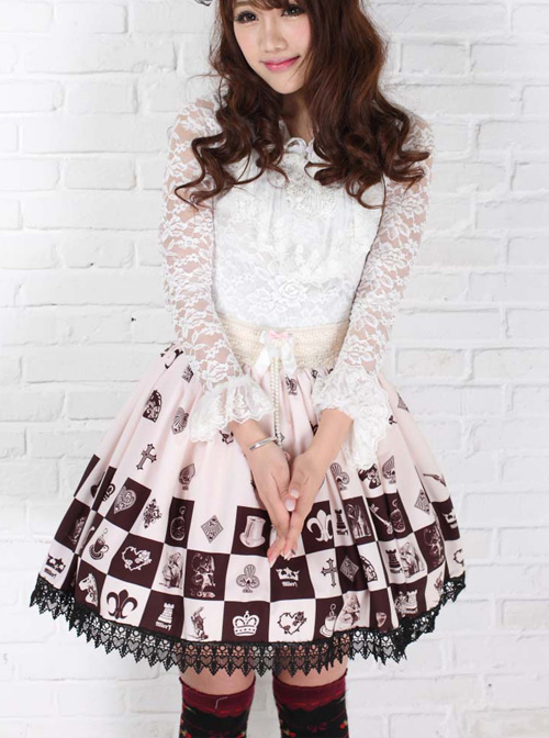 Alice Chess Grid Cute Printing Black Lace Sweet Lolita Skirt