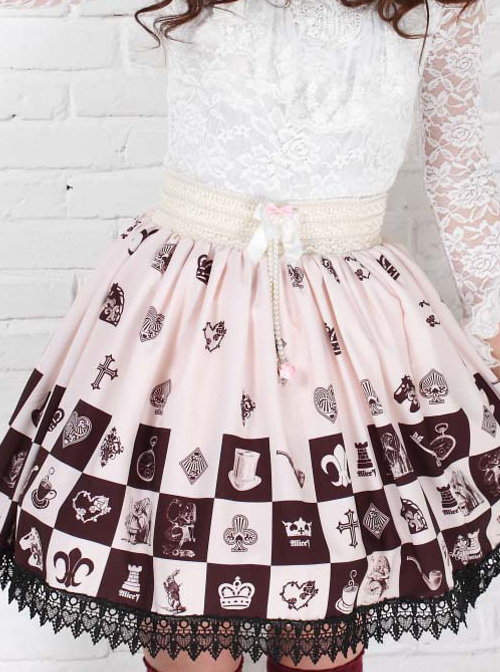 Alice Chess Grid Cute Printing Black Lace Sweet Lolita Skirt